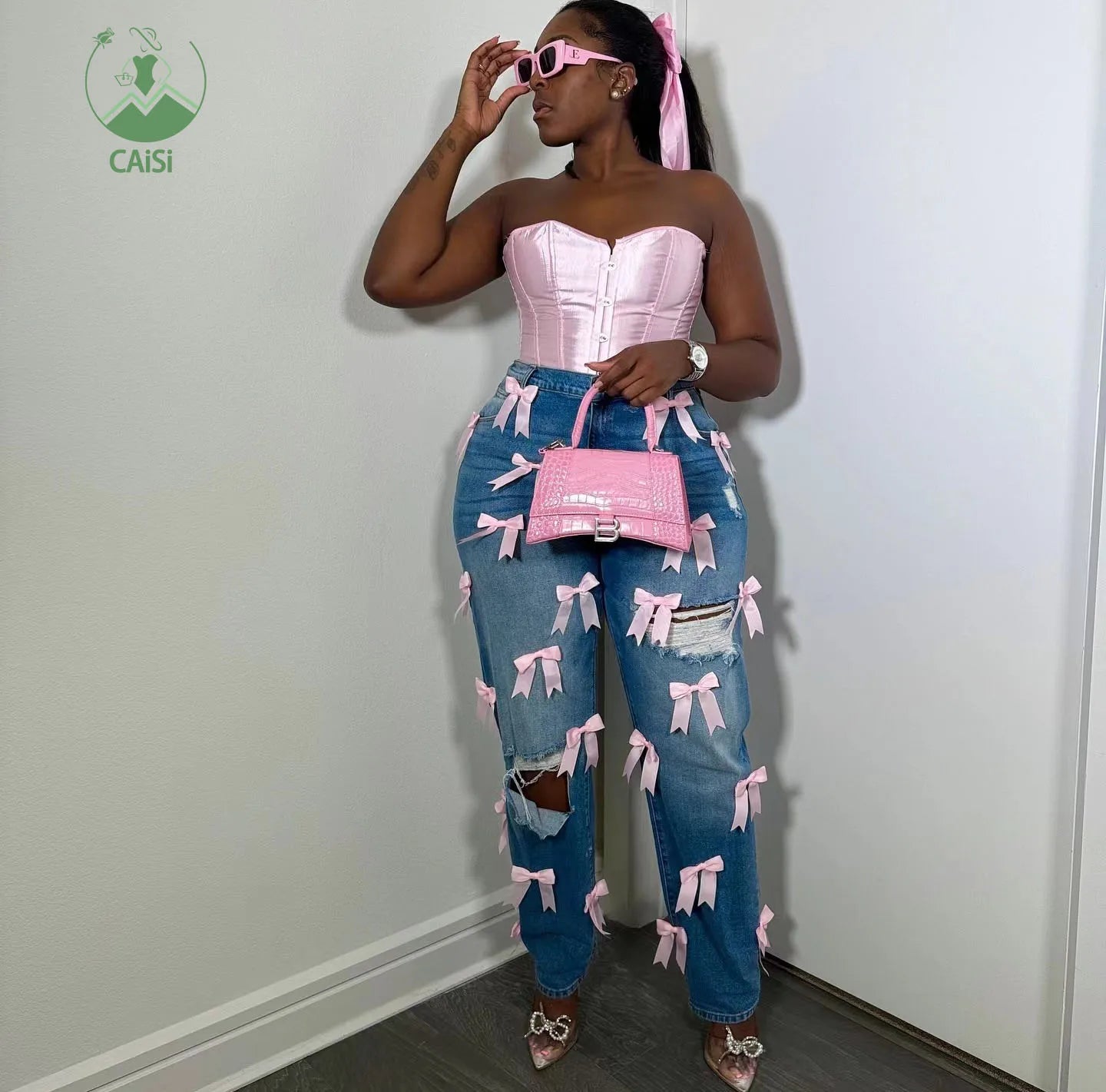 Women's Clothing Pink Bow Jean Pants Fashion Christmas Button High Waist Casual Demin Pants&Tourse Winter Fall Clothes for Women