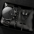 Fenyi Wholesale Fashion Cheap Men's Trend Casual Black Minimalist Alloy Necklace Bracelet Ring Quartz Watch 4 Piece Set