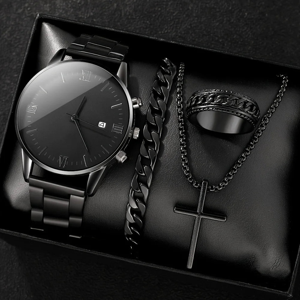 Fenyi Wholesale Fashion Cheap Men's Trend Casual Black Minimalist Alloy Necklace Bracelet Ring Quartz Watch 4 Piece Set