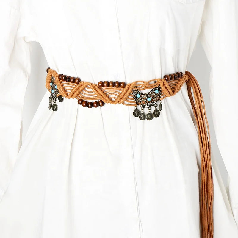 Ethnic Style Bohemian Waxed Rope Beaded Knitted Belts Wide Waist Seal Fashion Accessories for Women