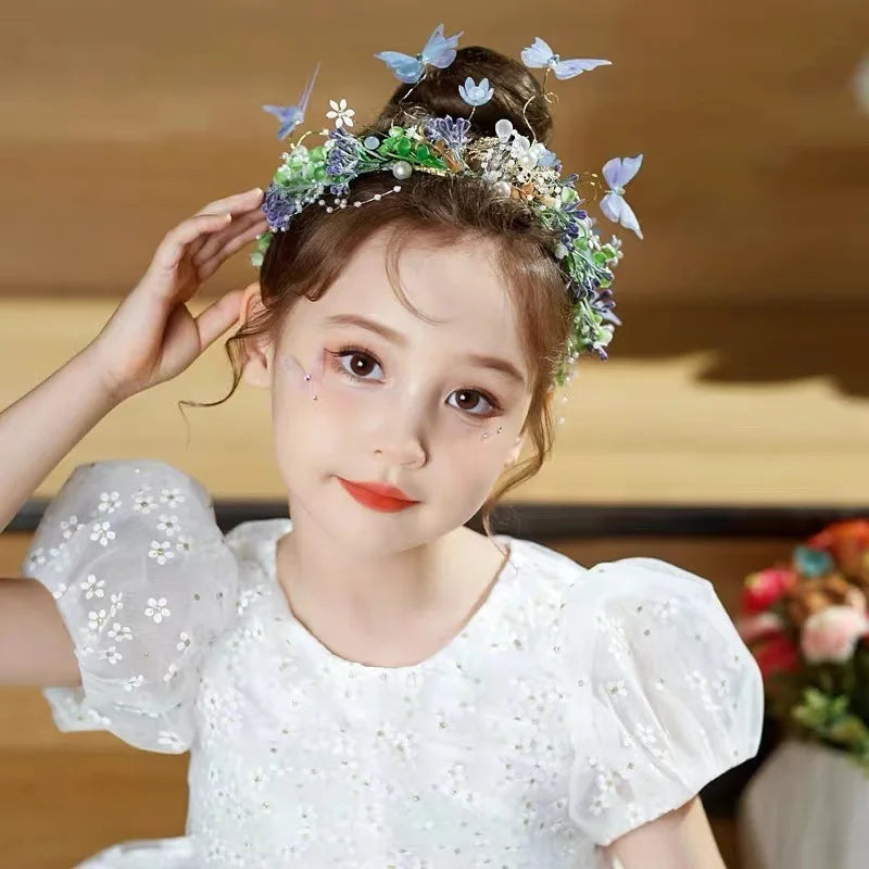 Little Girls butterfly Flower Headband Pearl Leaf Tiara Wedding Headband Bridal Hair Accessories Women Head Ornament