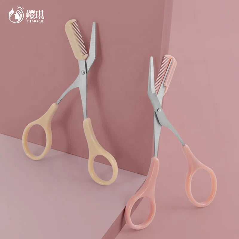 Custom Logo Stainless Steel Eyebrow Trimmer Scissors for Makeup Beauty Hair Clippers Comb Remover Eyelash Trimmer Plastic Handle