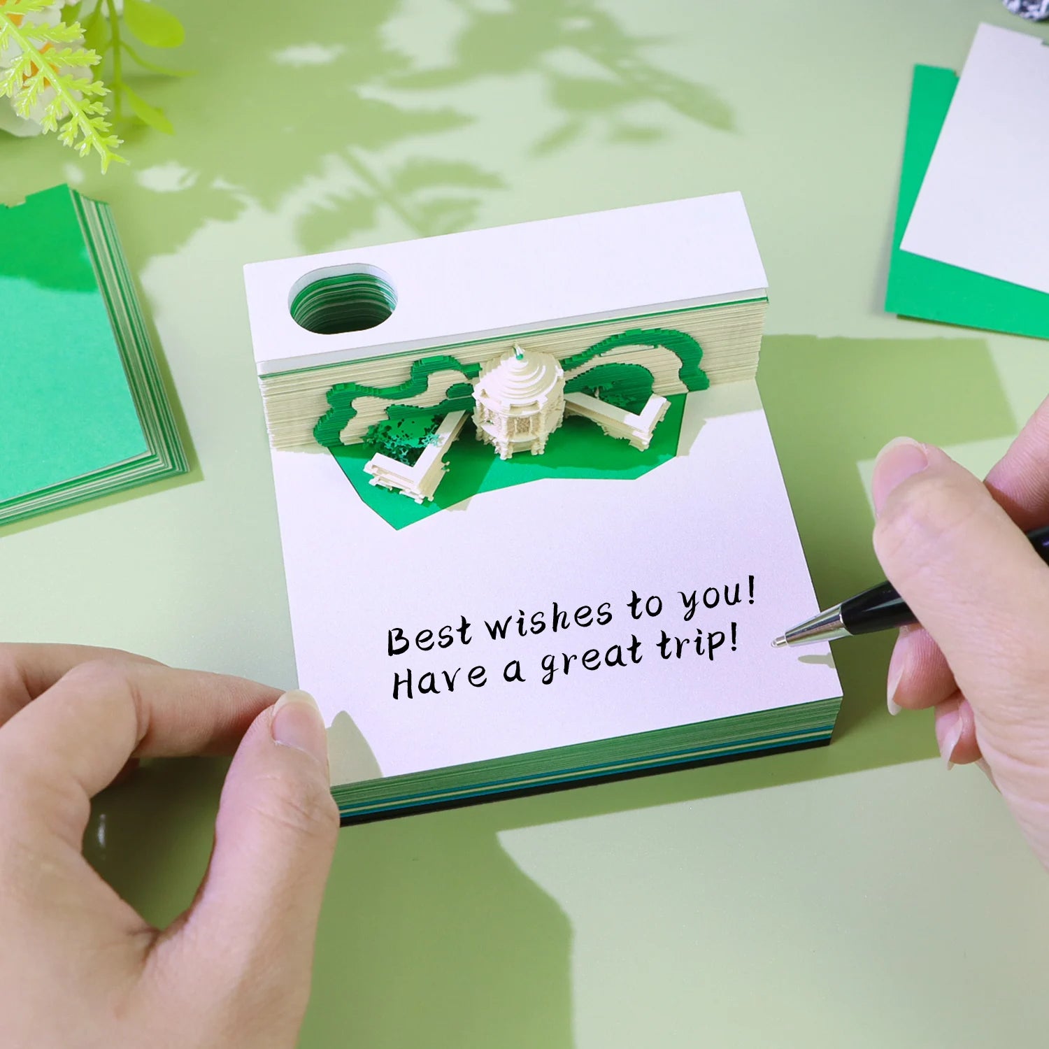 Custom 3D Memo Pad Oasis Garden City Landmark Sticky Note Pad Book Mark Stationery Acrylic Box With Pen Holder Gift Items