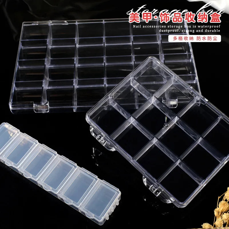 6/12/24 Grid Clear Box Plastic Empty Storage Box Organizer Cosmetic Nail Art Rhinestone Jewelry Beads Case Portable Storage