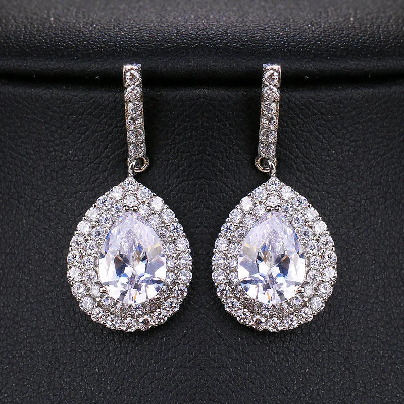 SLBRIDAL Prong Setting INS Style Copper Alloy Waterdrop Cubic Zircon Drop Earrings Bridal Wedding CZ Earring Jewelry Women Girls