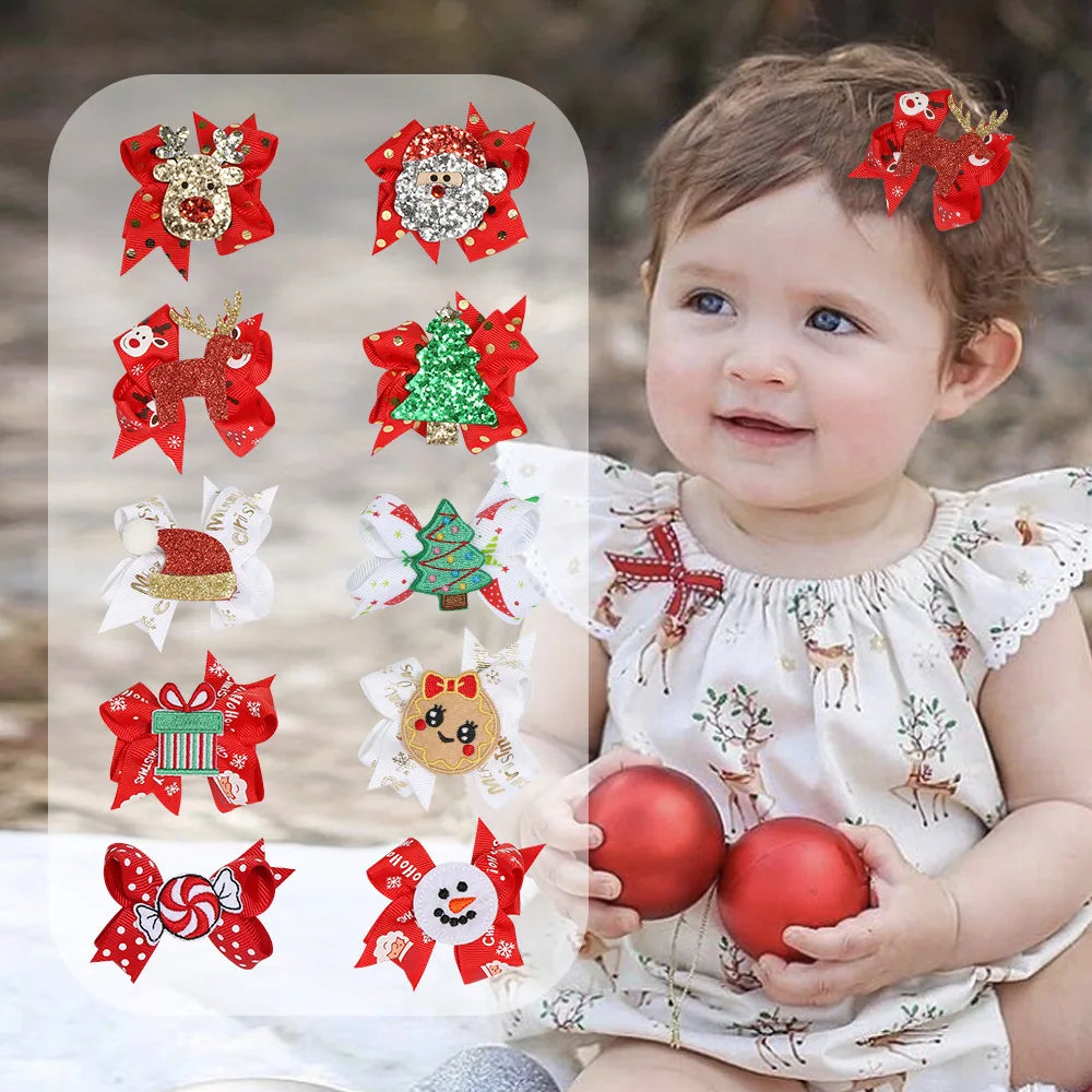 Sweet Cute Printed Ribbon Bow Christmas Hair Clip Kids Girls Hairpin Xmas Penguin Deer Bow Baby  Hairpins Hair Accessories