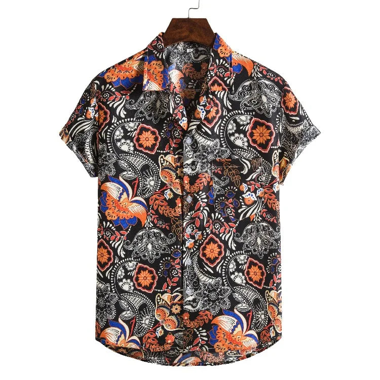 New Men's Casual Short-sleeved Shirt Trend Fashion Floral Suit Collar Shirt