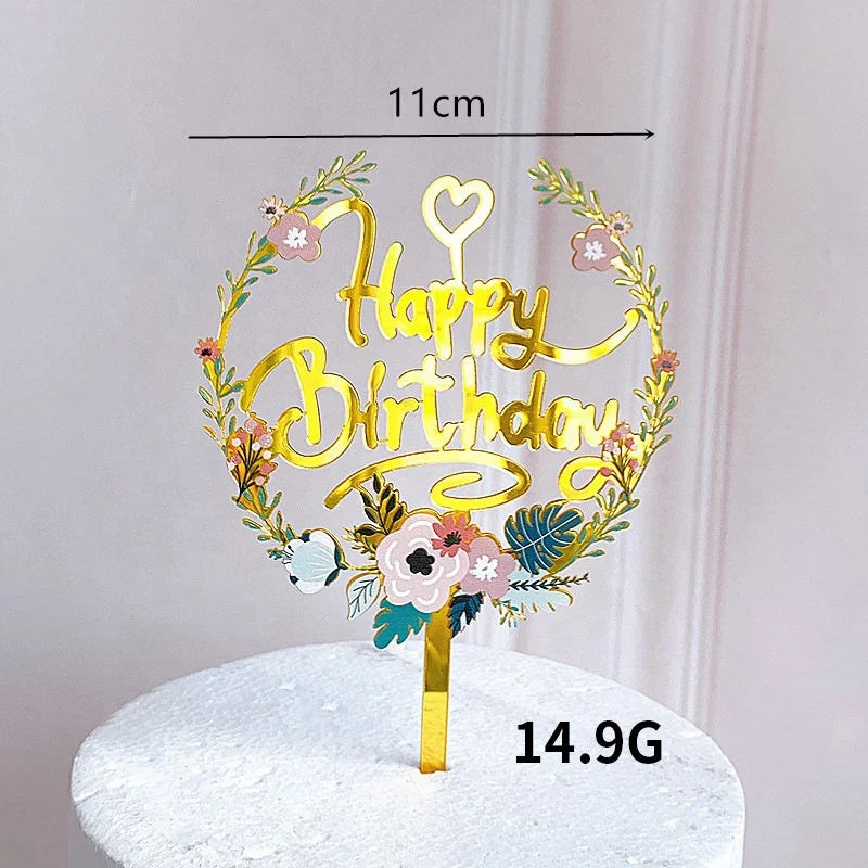 Custom Happy Birthday UV Printed Flower Acrylic Cake Topper for Personalised Cake Decorations