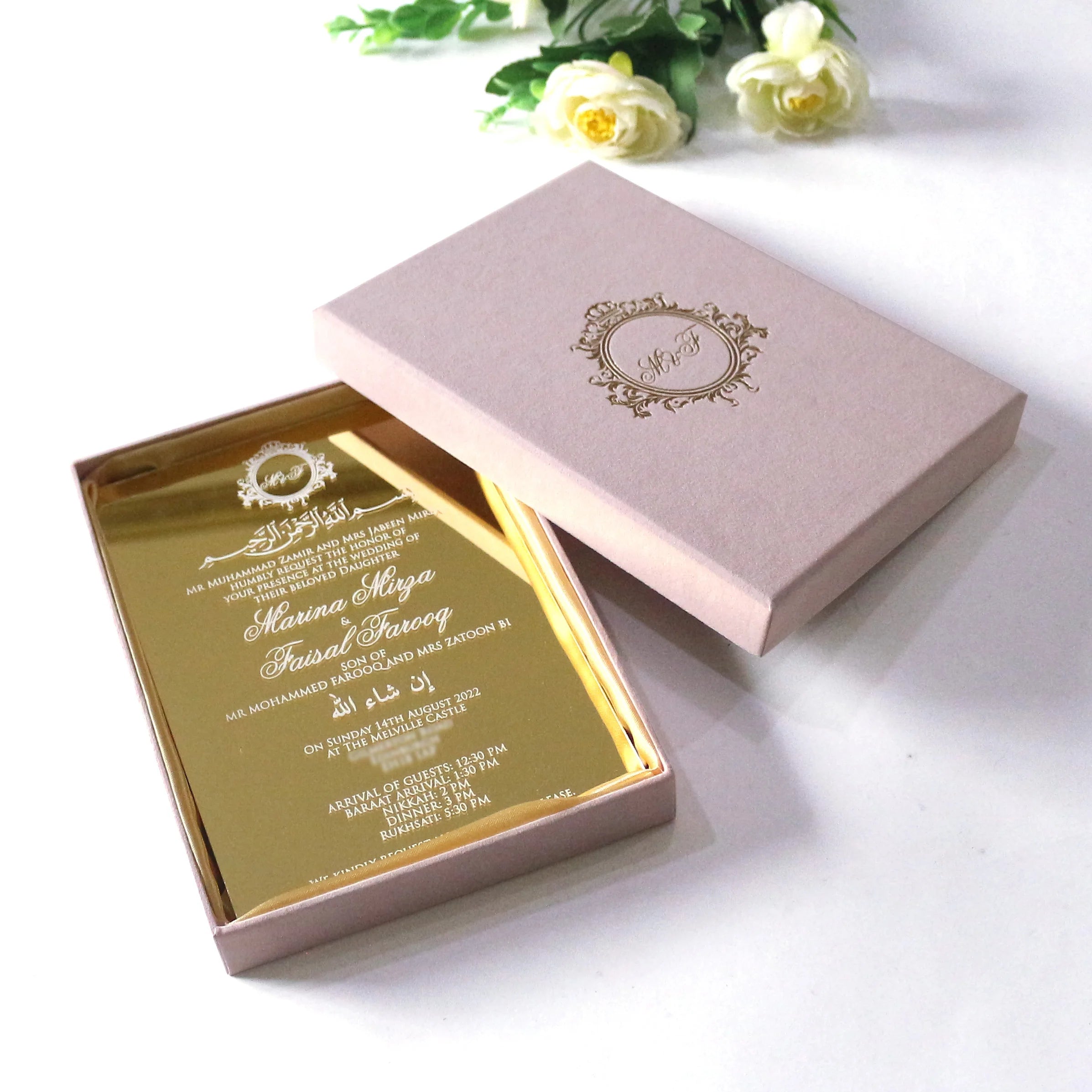 Hot Sale Gold Mirror Acrylic Wedding Invitation Card Suit Pink Velvet Suede Box with Custom Logo Design Jewellery Box