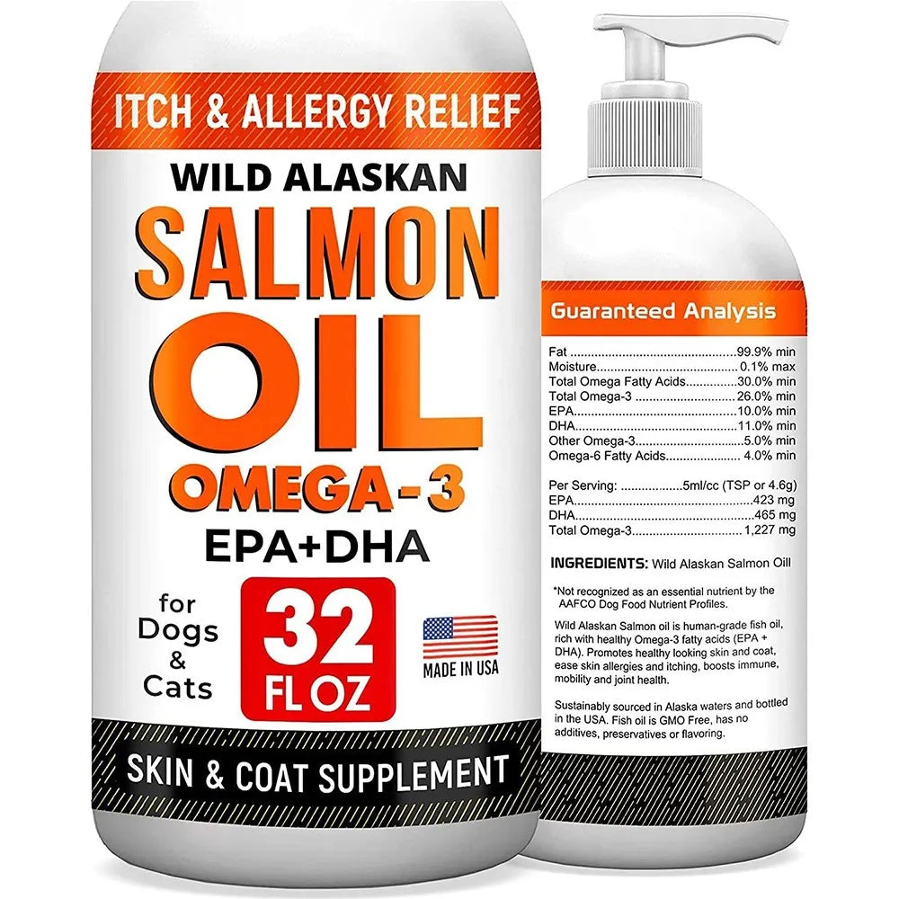Wild Alaskan Salmon Oil for Dogs & Cats 100% Pure Fish Oil Liquid Food Skin Coat Dog Shedding Supplements Joints Immune System