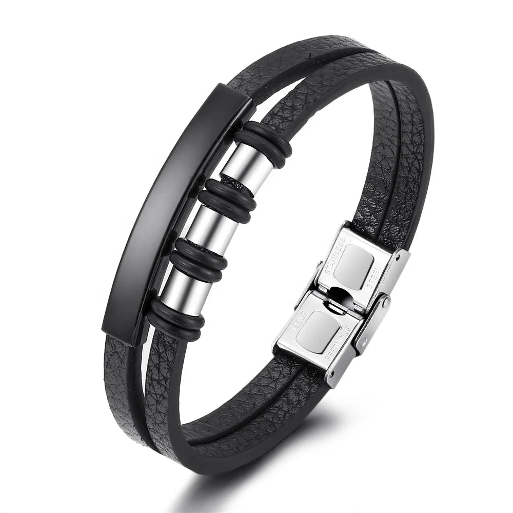 Newest Cross-border Wholesale Three Post One Tube Men's Vintage Braided Leather Stainless Steel Bracelet