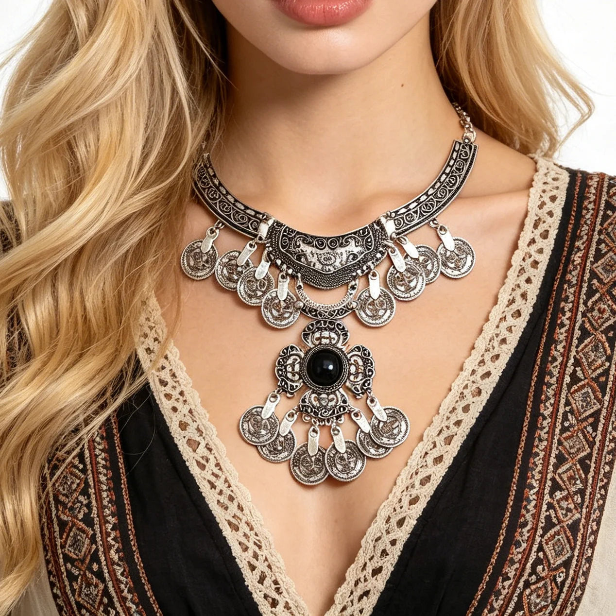 Vintage Style Bohemian Silver Metal Coin Statement Necklace Flowers Coin Tassel Jewelry Choker Necklace