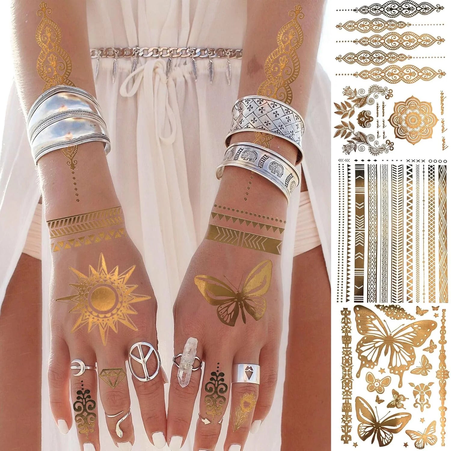 Metal Gold Foil Silver Tattoo Sticker Waterproof Mehndi Temporary Tattoos Sticker Golden Chain Necklace Body Art