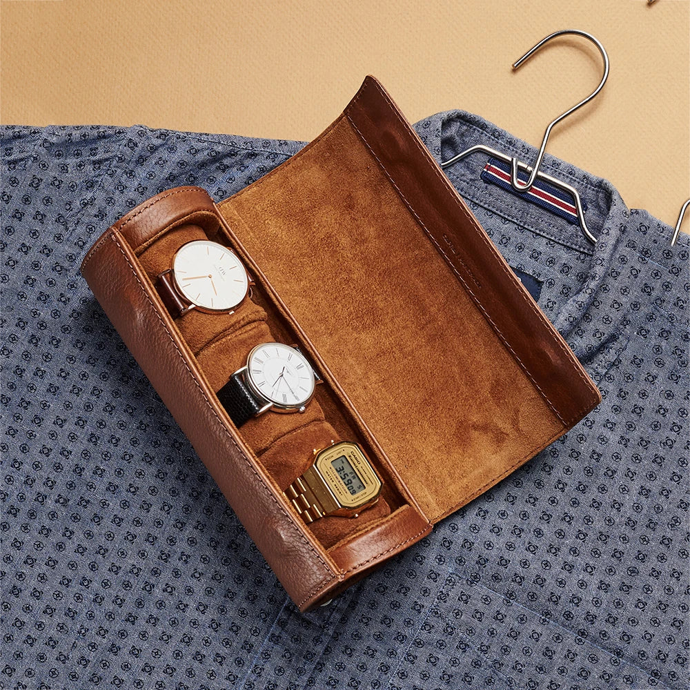 Custom Gifts Men 3-4 Watches Storage Box Jewelry Storage Tan Leather Travel Watch Case for Men