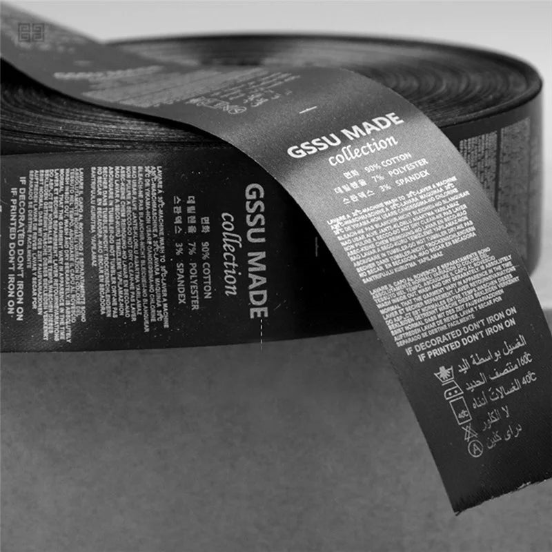 Luxury Clothing Labels Custom Printed Black Silk Ribbon Label Washing Care Label Printing for Clothing