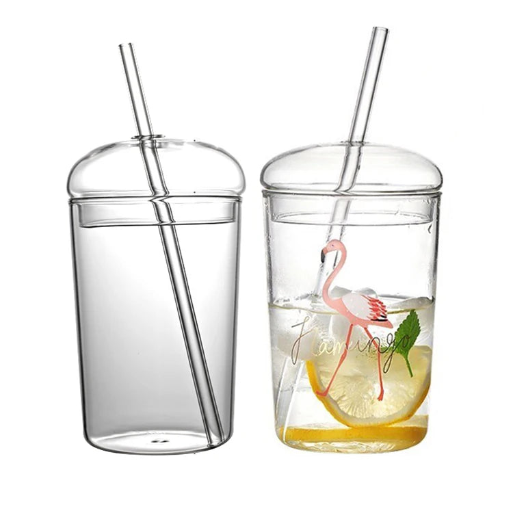 Wholesale Custom Logo Flamingo Reusable Smoothie 16oz 450ml Coffee Clear Glass Drinking Cup with Dome Lid and Glass Straw