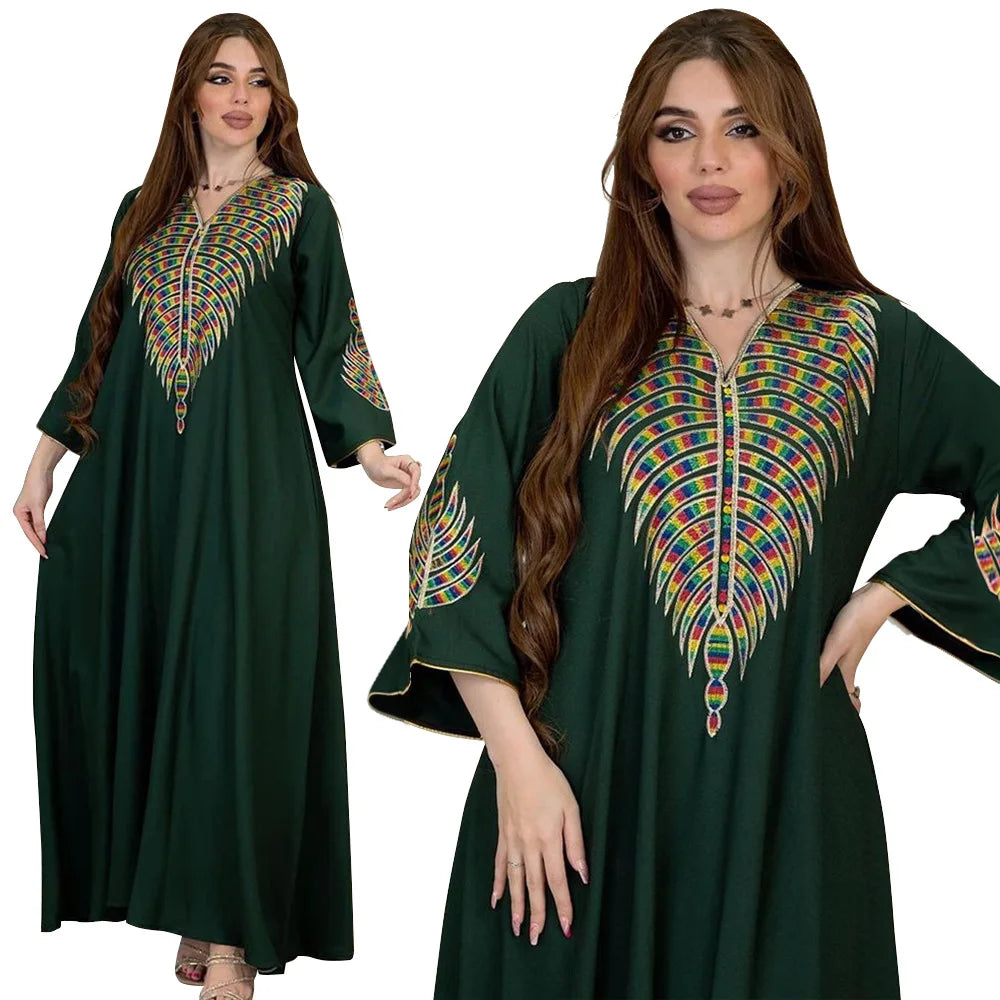 Factory OEM Casual Polyester Turkiye Arab Women Robe Round Neck Long Sleeve Fashion Embroidered Moroccan Is Oman Qatar Muslim