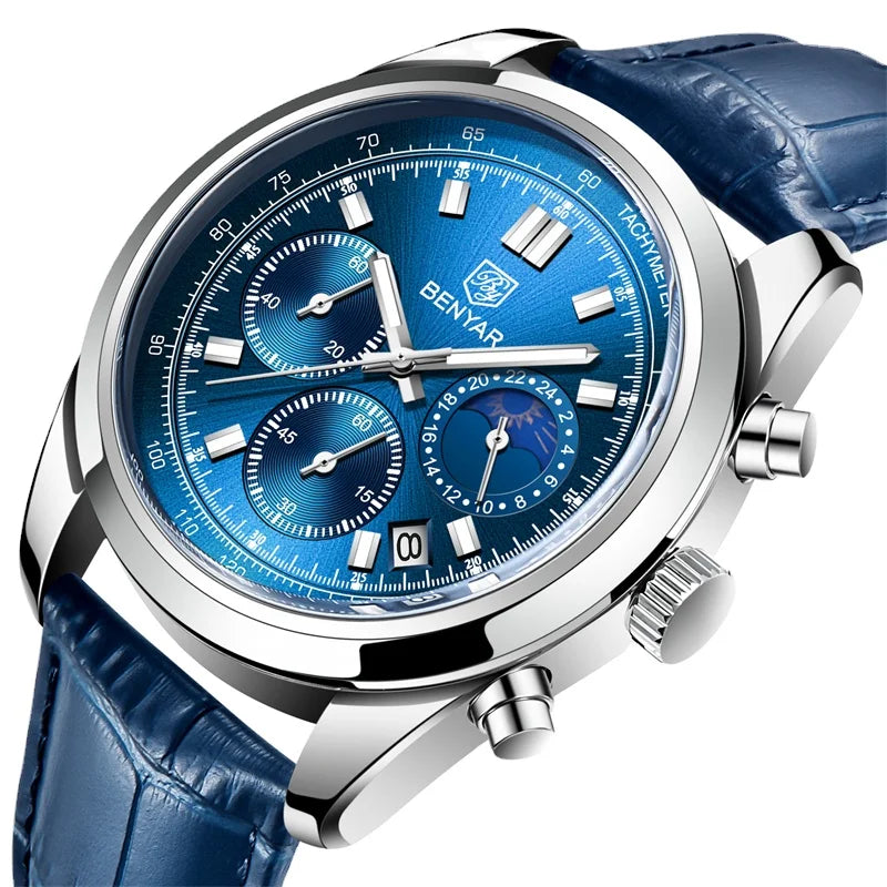 BENYAR New Sports Chronograph Men Quartz Wristwatch Stainless Steel Watch 30M Waterproof Leather Watches 5193M