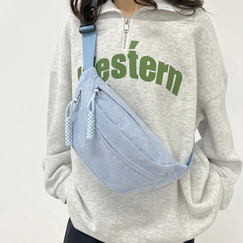 Large Capacity Corduroy Fanny Pack Casual Shoulder Crossbody Waist Belt Street Style Chest Bag Fashionable Summer Winter Spring