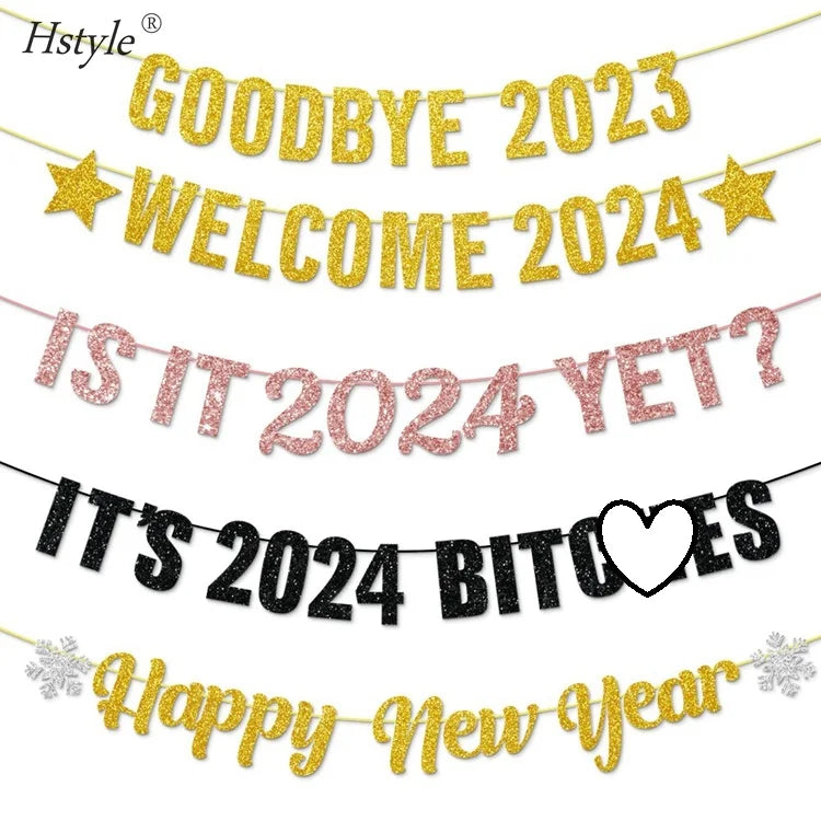 2026 Happy New Year's Eve Party Supplies Decorations Glitter Letter Banner Photo Props Garland Good Bye 2023 Welcome 2026S2742
