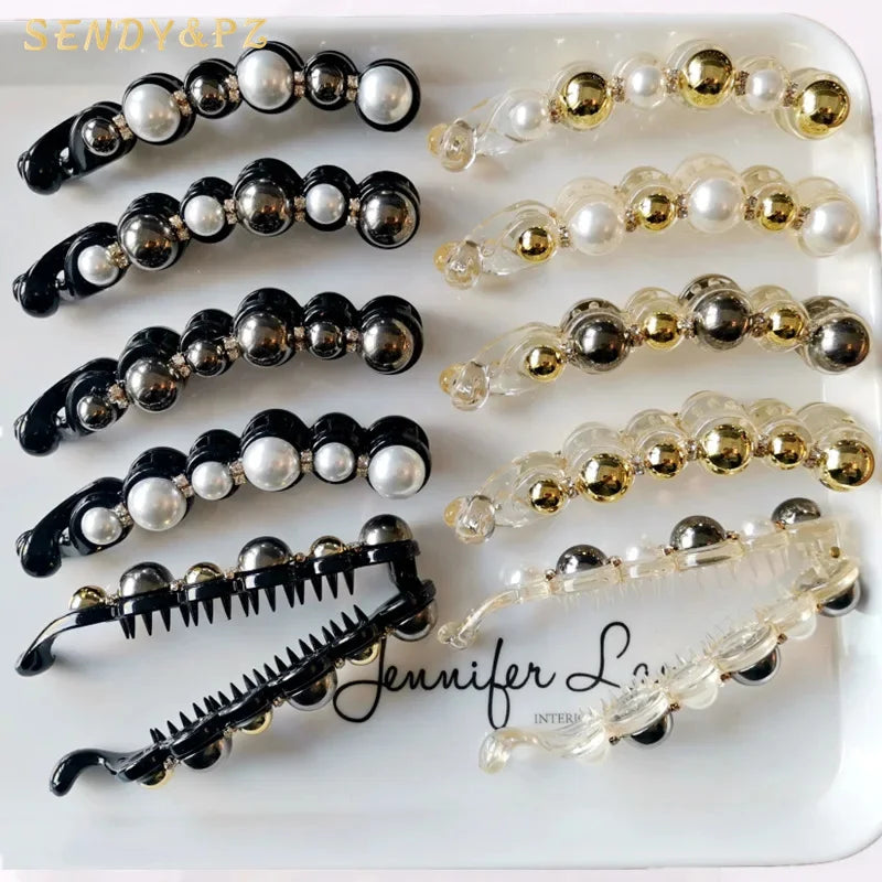 Wholesale Korean New Style 10cm Rhinestone Pearl Banana Hair Clip Claw Diamond Inlay Pearl Hair Claws for Women Hair Accessories