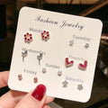 Korean Versatile Exquisite Trendy 7Pairs/Set Crystal Heart Earrings Rhinestone Small Pearl Stud Earrings for Women