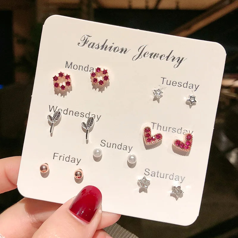 Korean Versatile Exquisite Trendy 7Pairs/Set Crystal Heart Earrings Rhinestone Small Pearl Stud Earrings for Women