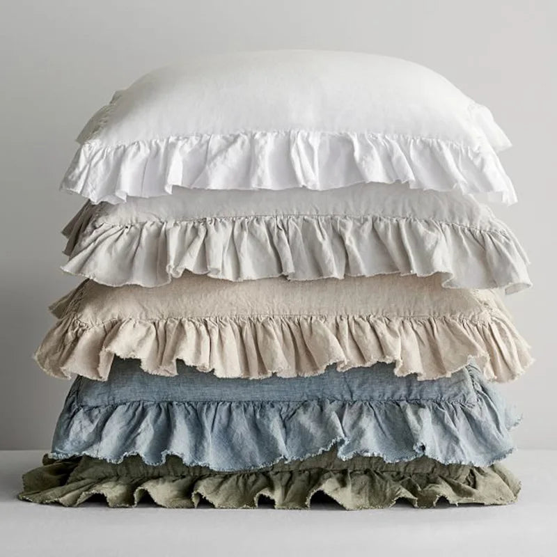 Modern Custom Nature French Linen Solid Ruffle Frill Cushion Cover Woven Pillowcases for Home & Hotel Sofa Decor