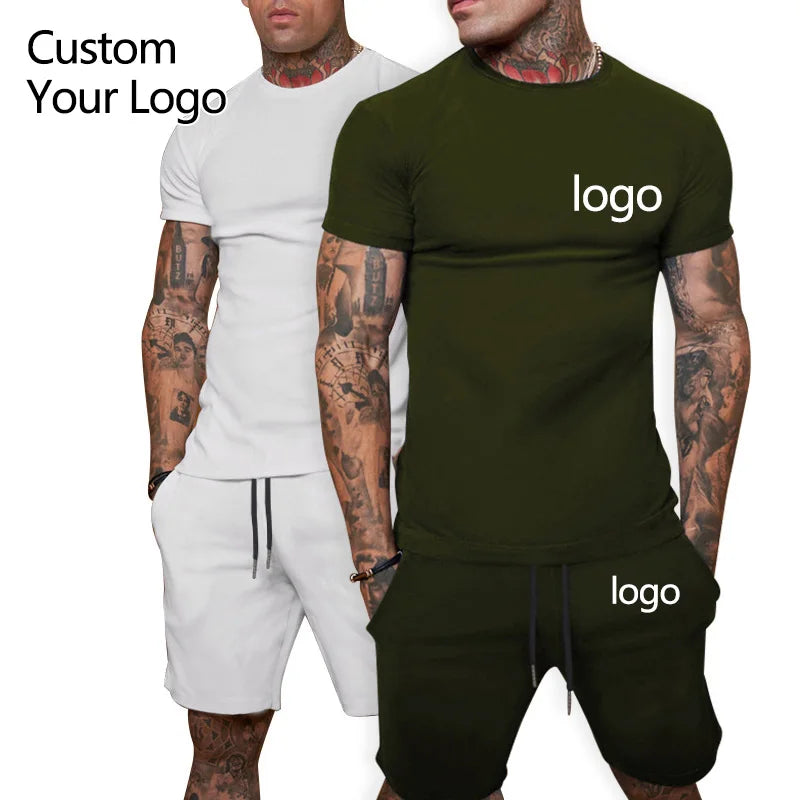 Wholesale Men's Gym T-Shirt Short Set Plus Size Knitted Polyester/Cotton Sportswear Anti-Wrinkle Eco-Friendly 2-Piece Shorts