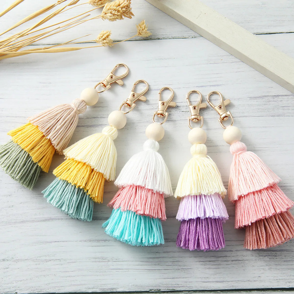 Handmade 3 Layer Tassel Gold Keychain Cute Charms Bohemian Purse Tassel Cotton Keychain for Bag