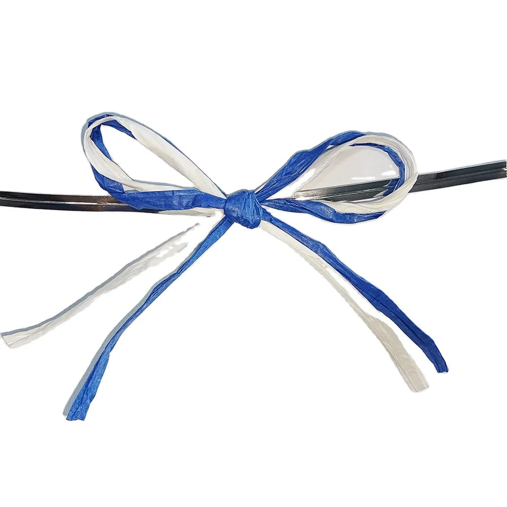 Blue White Paper Raffia Ribbon Bow with Silver Wire Twist Tie Christmas Floral Decorative Packaging Gift Wrap Craft Accessory