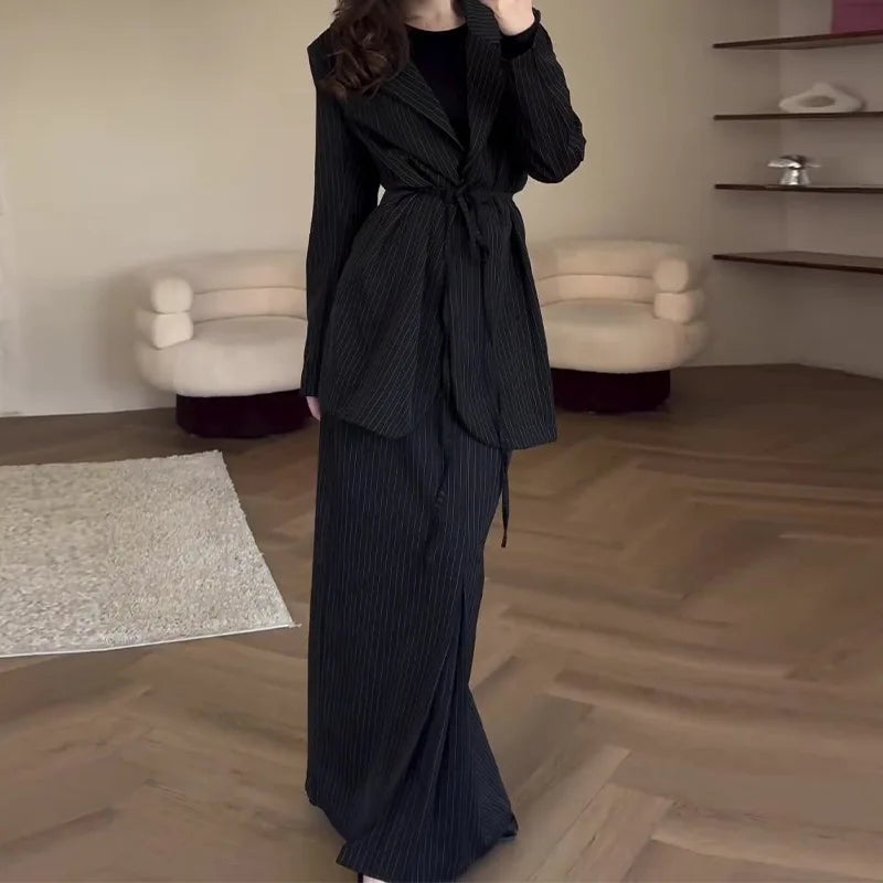 2026 Autumn Stripe Notch Collar Long Sleeved Loose Blazer & Temperament Commuting Long Skirt Set Women Outfit Two Piece Set
