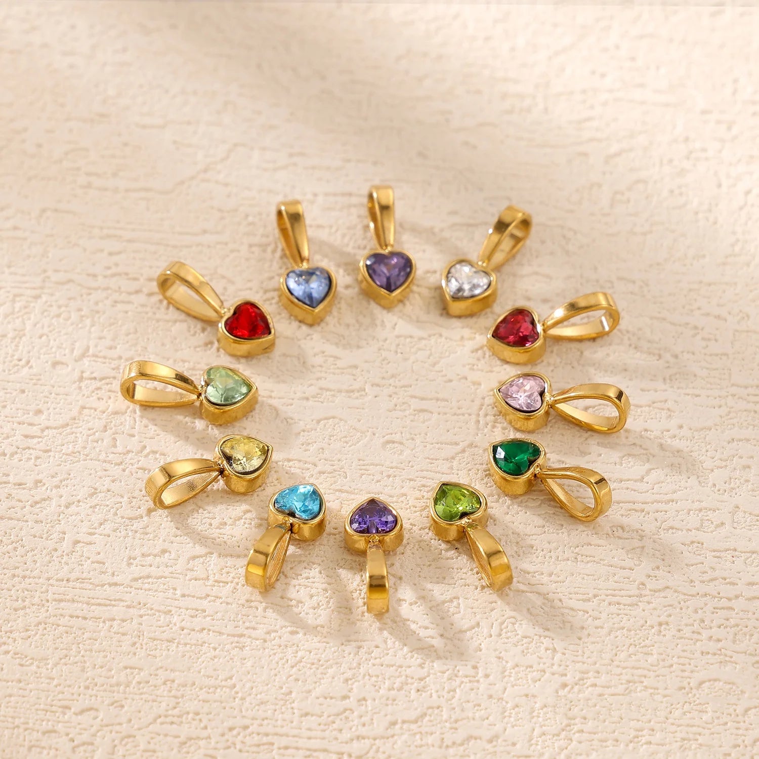 Stainless Steel 18K Gold Plated 6*14mm Colorful Zircon Heart Birthstone Charm Luxury Titanium Steel PVD 12 Months Jewelry