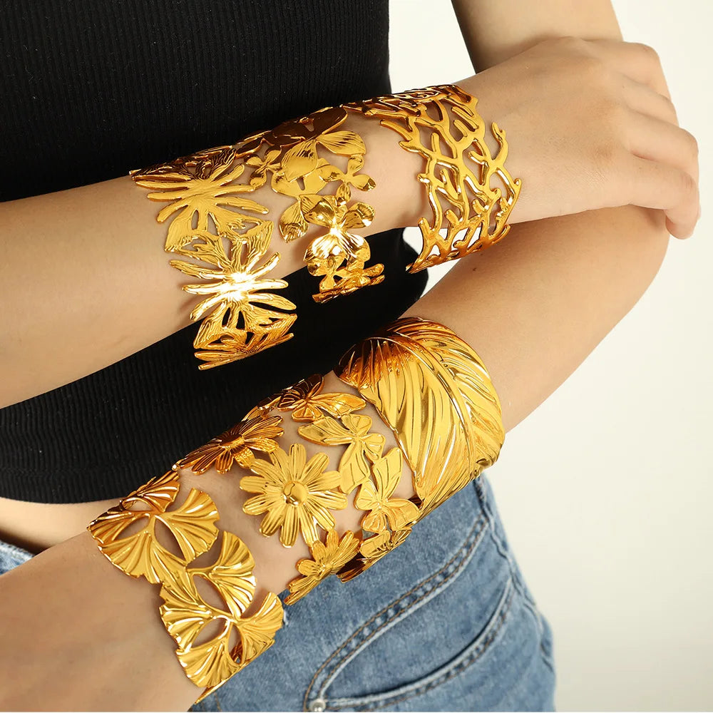 Tarnish Free Stainless Steel Coral Flower Plant Starfish Bangle PVD Plating Women Bracelet 316L Titanium Customized MegaBDM
