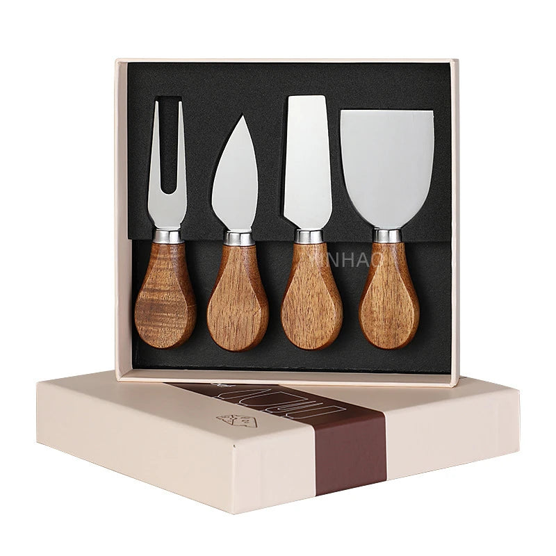 Customized Laser Logo 4Pcs Acacia Wooden Handles Cheese Knives Set with Color Box