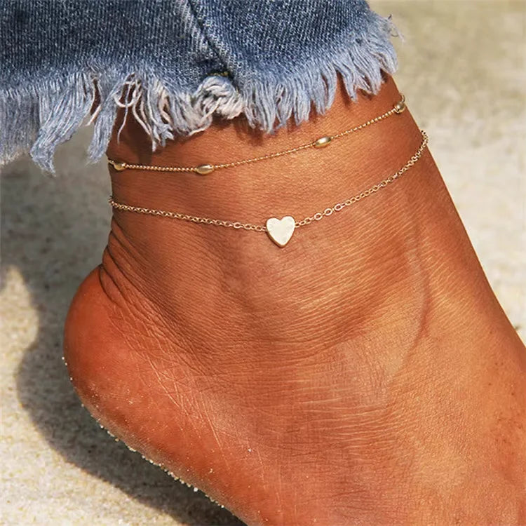Women's Anklet Bohemian Layered Heart Anklet Summer Beach Anklets on Foot Ankle Bracelets for Women Leg Chain