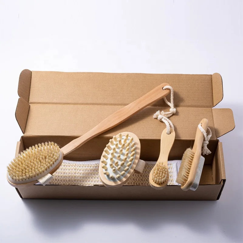 Long 5pcs Dry Brush Body Bath Set Natural Bristle Back Scrubber Exfoliating Dry Brushing Body Brush Set