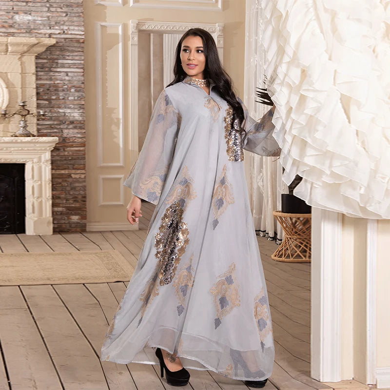 Evening Beaded Embroidered Mesh Women's Dress Ubai Abaya Robe Muslim Women's Maxi Long Dresses