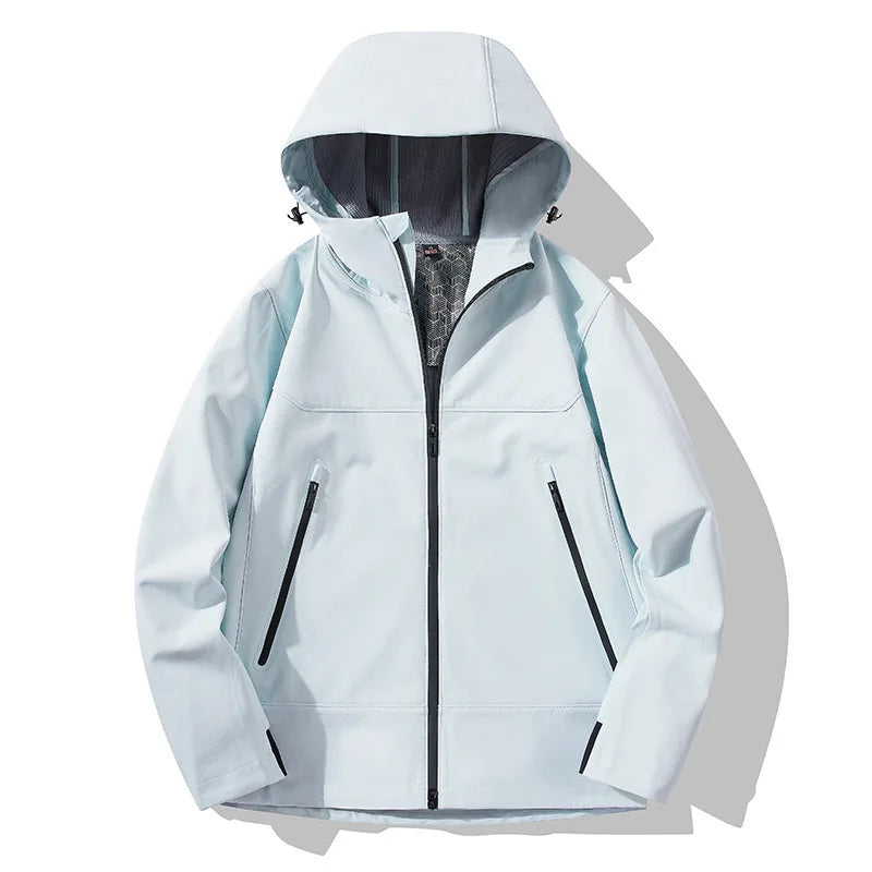 OEM Stand Collar Long Sport Outdoor Hooded Coat Graphene Windproof Fleece-Lined Waterproof Soft Shell Polyester Jacket for Men