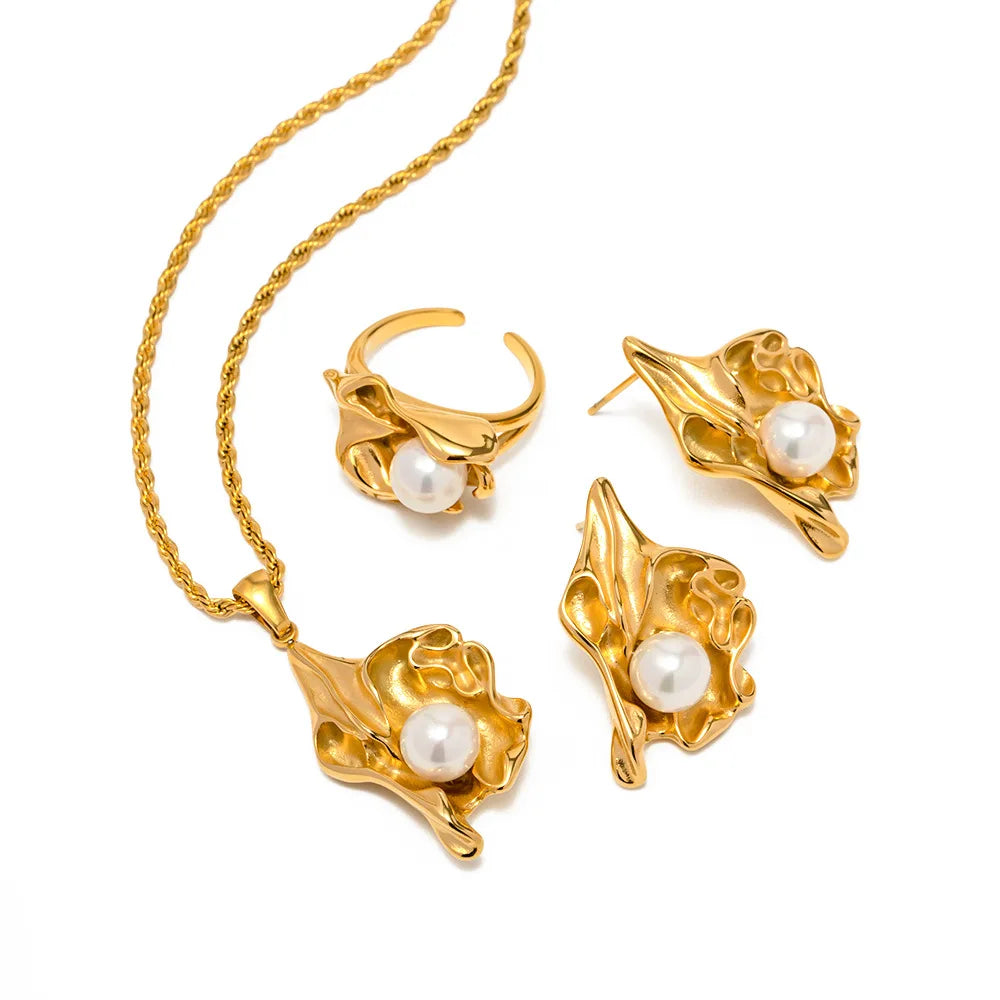 Western Style INS Texture Earrings Set for Girls 18k Gold Plated Stainless Steel Jewelry Set Pearl Flower Pendant Necklace Rings