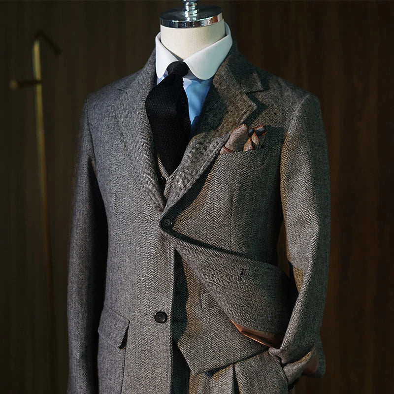 Autumn and Winter New Wool Tweed Fishbone Business Gentleman Casual Clothes Single West Retro British Men's Slim Suit blazer