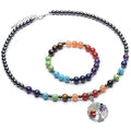 Seven Chakra Hematite Jewelry Set Healing Stone Bracelet Hematite Beaded Life Tree Charm With Lobster Clasp Necklace Bracelet