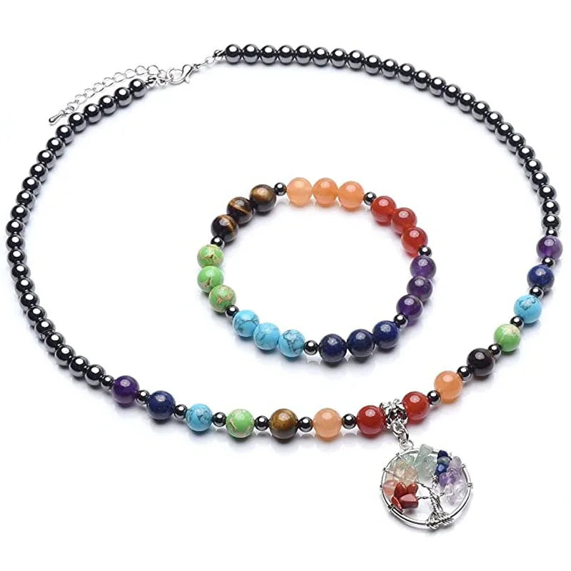 Seven Chakra Hematite Jewelry Set Healing Stone Bracelet Hematite Beaded Life Tree Charm With Lobster Clasp Necklace Bracelet