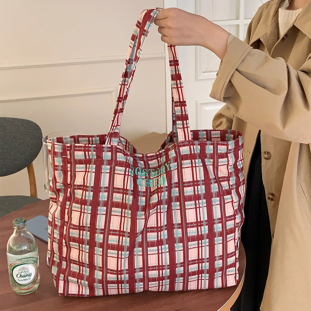 Vintage Plaid Women's Shoulder Bags Big Capacity Casual Ladies Shopping Tote Commute Lazy Style Female Corduroy Handheld Bag