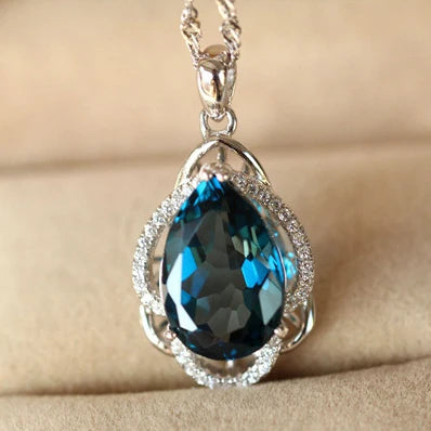 Huitan OEM ODM Design Water Drop Shape Blue Stone Cubic Zircon Pendant Elegant Women Wedding Necklace