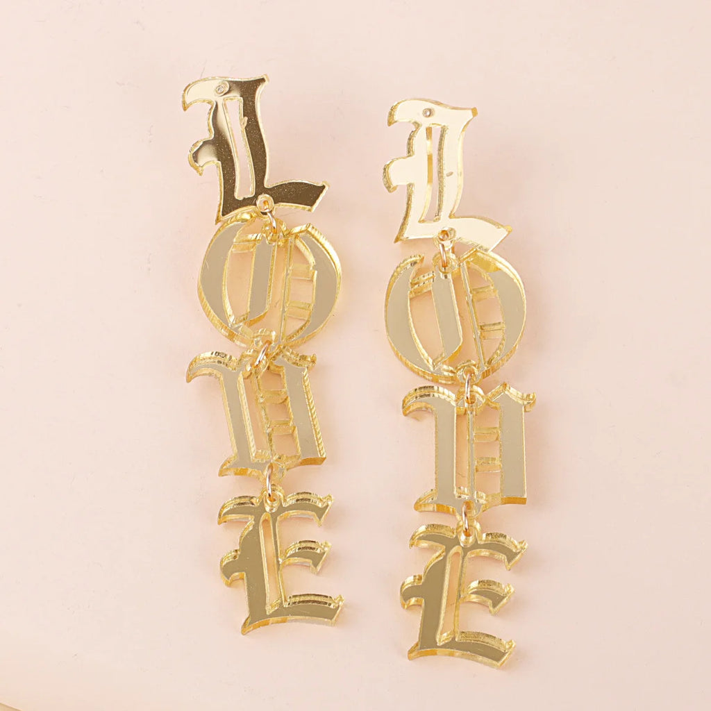 Personalized Custom Old English Name Dangle Earrings Acrylic Earrings Gold Women and Kids
