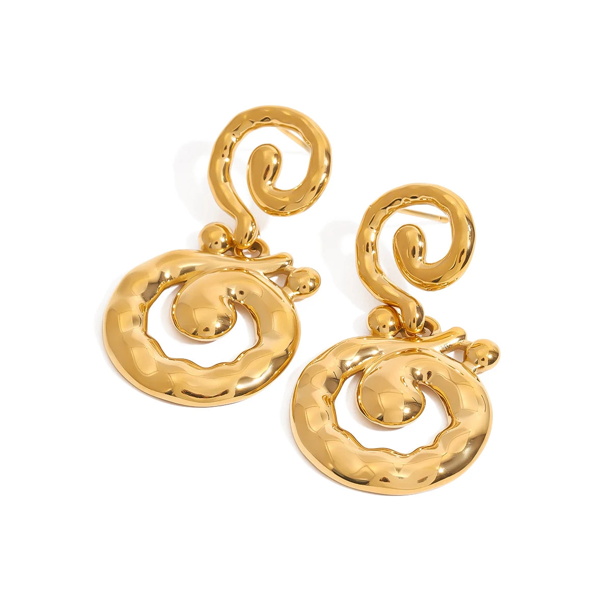 J&D Modern Minimalist 18K Gold Plated Stainless Steel Drop Earrings Waterproof Spiral Hammered Pendant for Gift