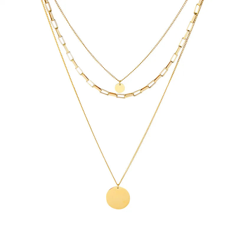 Three-layer Chain Round Brand Stacked Texture18K Gold Plated  Women's Multi-layer Necklace Disc Pendant Jewelry Waterproof