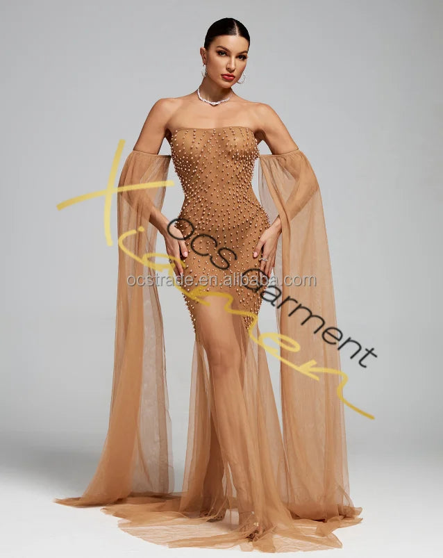 Ocstrade See Through Mesh Patchwork Party Cocktail Dresses With Sleeves Strapless Sexy Pearls Glitter Cocktail Dress for Women
