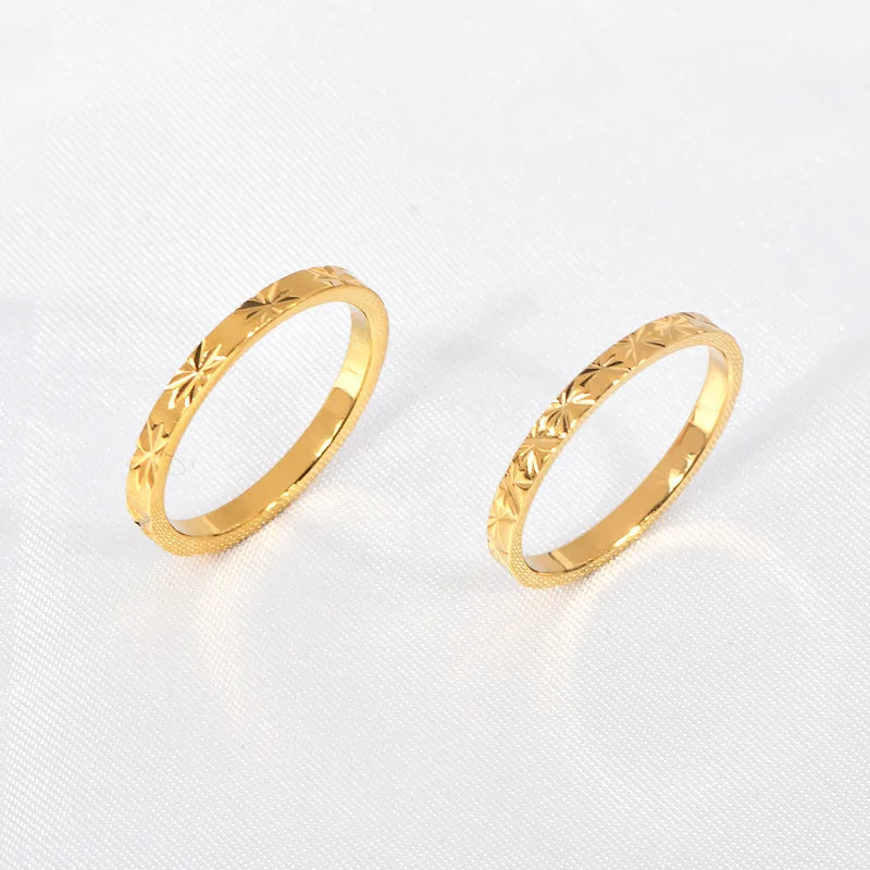 Elegant Adjustable Gold Plated Stainless Steel Ring 18K Fine Bands Engraved with Floral Design
